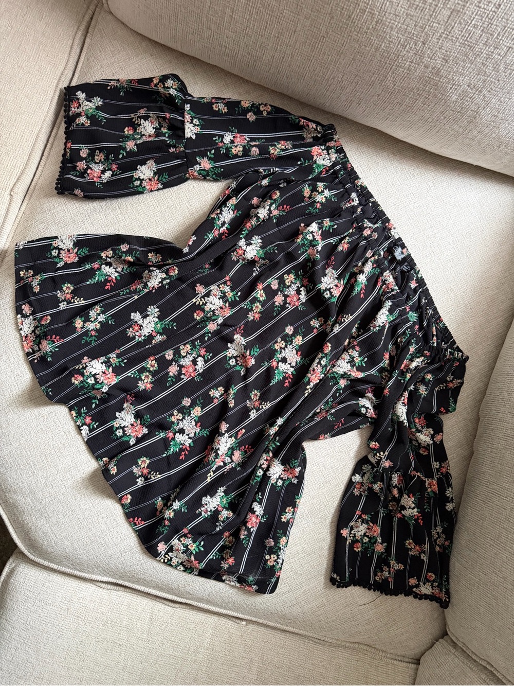 Black Floral Off-Shoulder Blouse with Smocked Neckline